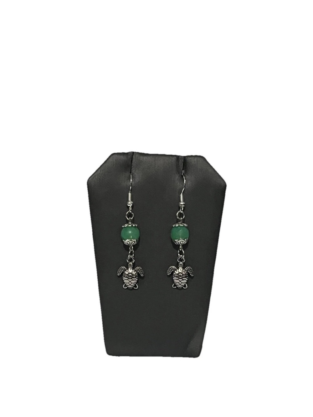 Handcrafted Green Bead Turtle Earrings Silver Tone Beach Boho Gift for Her - Picture 2 of 6